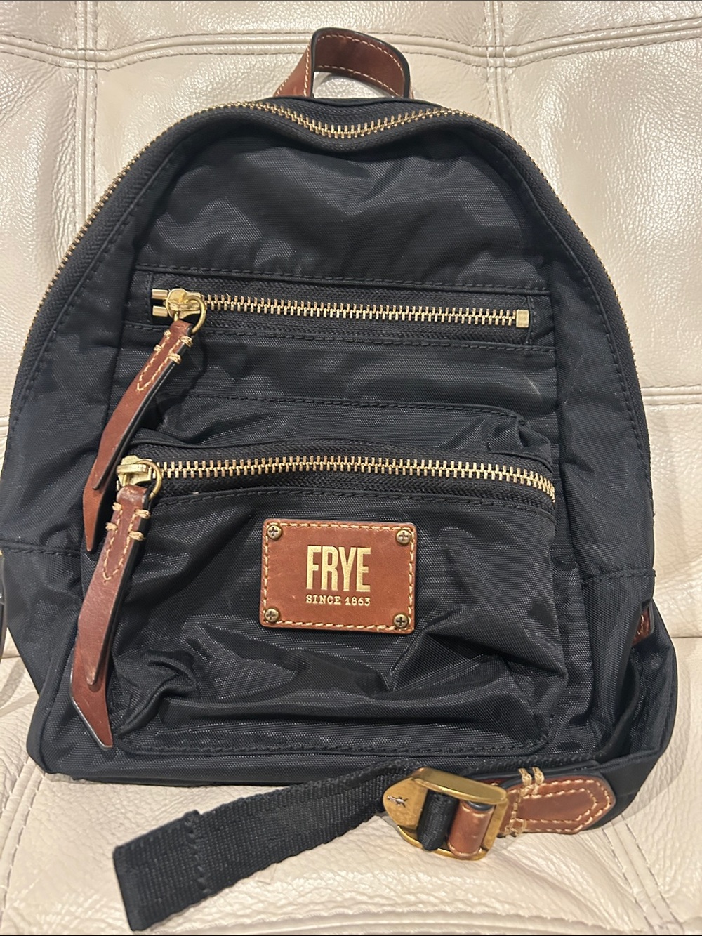 FRYE Black Nylon Mini Backpack with Brown Leather Accents